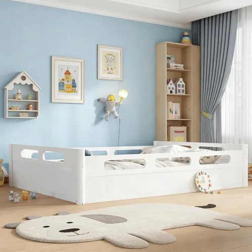 Miniatura 18 de Bellemave Cama de suelo Queen para niños, marco de cama Montessori con barandillas y puerta en forma de valla, cama Queen de madera para niños, Gris