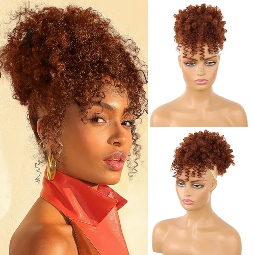 Miniatura 8 de Cola de caballo con cordón y flequillo, extensiones de cola de caballo afro para mujer, cola de caballo corta y rizada con flequillo con clip para 1b