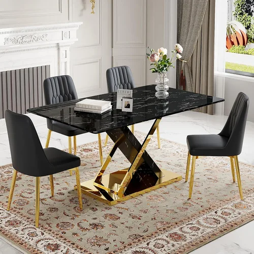 Miniatura 38 de Juego de mesa de comedor de mármol para mesa rectangular blanca de 4.63 pulgadas con marco de metal plateado en forma de X y 4 sillas de comedor