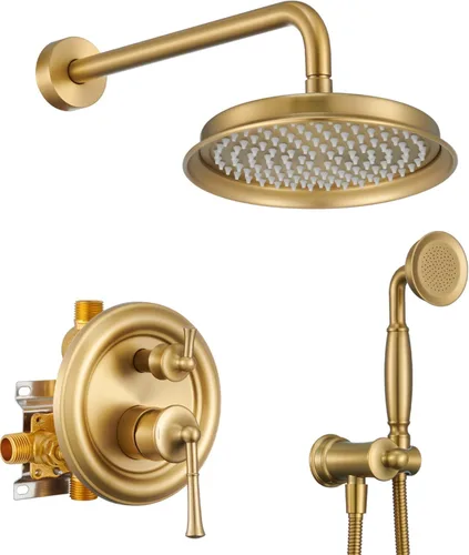 Cabezal de ducha de lluvia con combo de mano, sistema de ducha dorado cepillado con válvula de presión de equilibrio, cabezal de ducha de 9 pulgadas