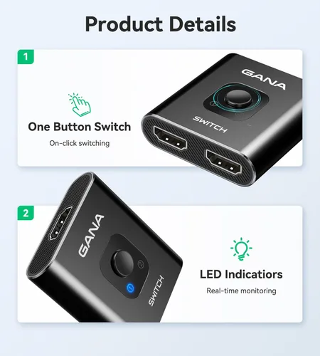 Miniatura 7 de Interruptor HDMI 4 K a 60 Hz, interruptor HDMI bidireccional de aluminio GANA 2 en 1 salida, concentrador HDMI manual compatible con HD compatible