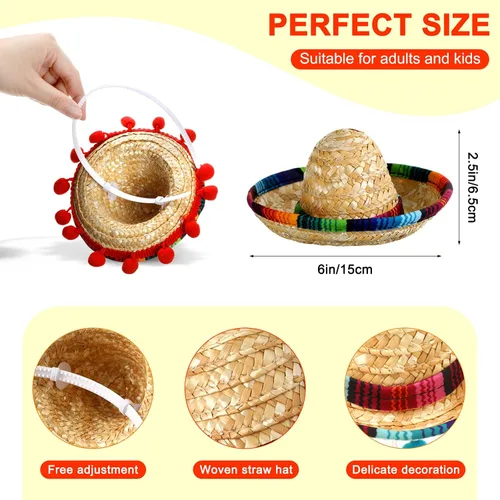 Miniatura 3 de Yunsailing 36 piezas de suministros de fiesta de tela con sombrero de paja, diademas y collares para fiestas mexicanas (estilo moderno)