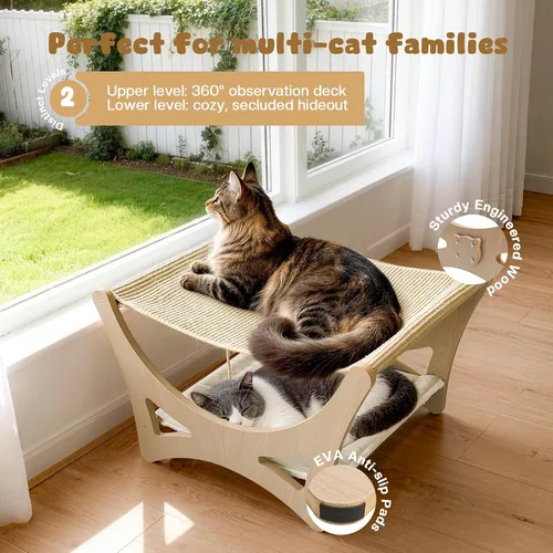 Miniatura 4 de Cama hamaca para gatos de doble capa, camas elevadas de madera para gatos con alfombrilla rascador de sisal natural, cama rascador para gatos