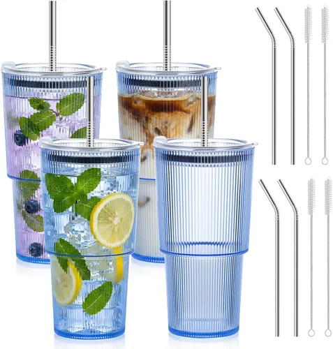Miniatura 8 de 2 Pcs 20oz Plastic Ribbed Tumblers with Lid and Straws Blue Plastic Reusable Iced Coffee Cups with Lid Unbreakable Vintage Ribbed Drinking Glasses