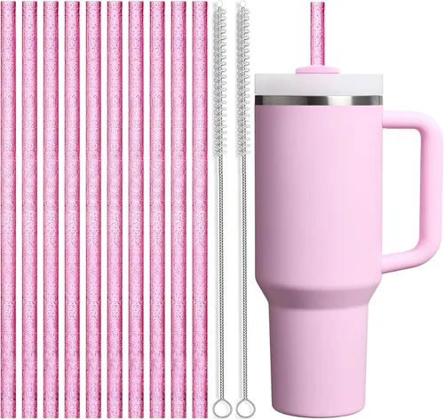 ALINK Sorbetes reutilizables de glitter rosa para vaso Stanley de 40 oz y 30 oz, sorbetes de plástico duro de 12 pulgadas para vaso Stanley, Owala,