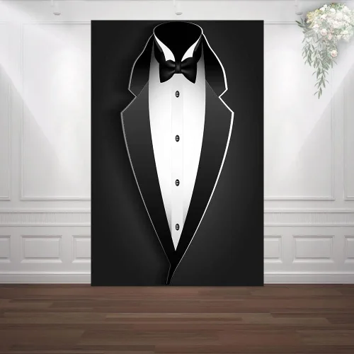Miniatura 6 de BJRLEM998 - Telón de fondo de esmoquin negro de 3 x 5 pies para hombre, traje de pajarita en blanco y negro, traje de lujo, cumpleaños, cena