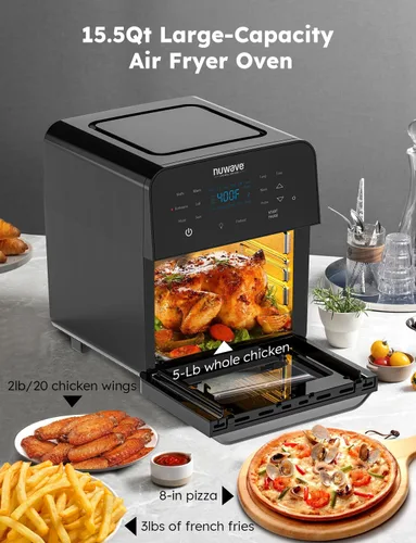 Miniatura 5 de NuWave Brio 15.5Qt Horno y freidora de aire con asador, tamaño X-grande para familia, potente 1800W, 4 posiciones de parrilla, controles