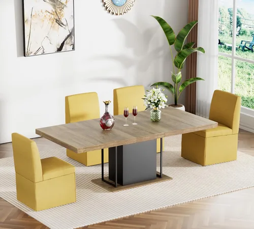 Miniatura 18 de Juego de mesa de comedor extensible para mesa de cocina extensible de 4, 5 piezas y 4 sillas de almacenamiento ocultas de lino tapizadas de madera