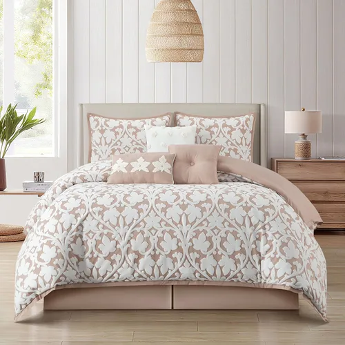 Miniatura 9 de Grand Avenue Juego de edredón azul de 7 piezas, juego de cama jacquard tamaño Queen, ropa de cama de hojas florales para todas las estaciones
