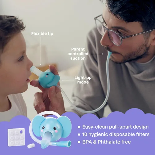 Miniatura 4 de Playhouse MD Booger Buddy - Aspirador nasal de elefante, con luz LED para bebés y niños pequeños, removedor de mocos sin BPA para nariz tapada, Azul
