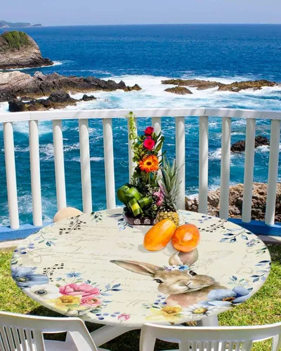 Miniatura 18 de Mantel redondo ajustable con diseño de huevos de Pascua de 36 a 44 pulgadas, bonito mantel colorido con borde elástico, manteles impermeables a
