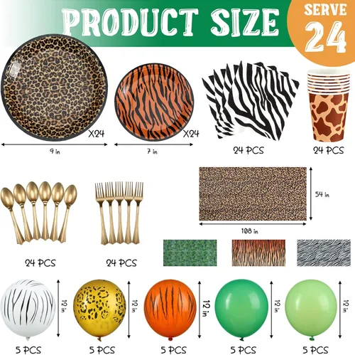 Miniatura 2 de Jerify 169 piezas de suministros de fiesta de cumpleaños con estampado de animales del zoológico de safari de la selva, incluyendo platos de papel