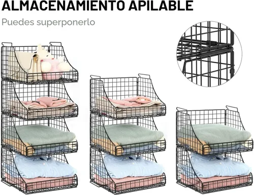 Miniatura 2 de Paquete de 4 cestas de alambre apilables con párrafo extendido para organizar, organizadores de armario y almacenamiento, estantes de armario
