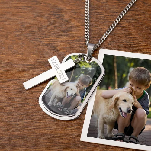 Miniatura 5 de CALLIE Collar personalizado con placa de identificación de cruz con foto para hombres, collares con colgante de acero inoxidable personalizado