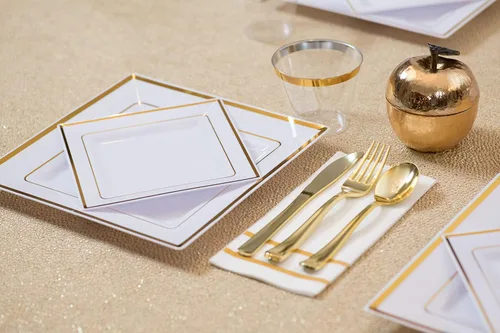 Miniatura 3 de Fete Toallas de mano decorativas desechables, diseño dorado, 100 toallas de invitados de lino – Cena formal, aniversario y servilletas de boda