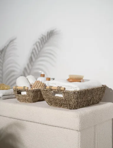 Miniatura 7 de StorageWorks Cestas de almacenamiento grandes tejidas a mano con asas de madera, cestas de mimbre de hierba marina para organizar, paquete de 2