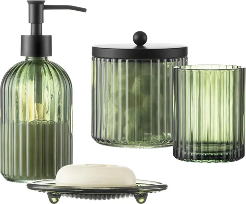 Miniatura 9 de Juego de 4 accesorios de baño de vidrio pesado con patrón decorativo prensado, incluye dispensador de jabón de mano, vaso, jabonera y soporte