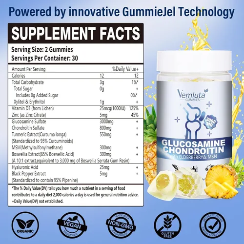 Miniatura 2 de 1 paquete de gomitas de glucosamina y condroitina, suplemento de apoyo articular extra fuerte de 3000 mg con MSM, flexibilidad, gomitas