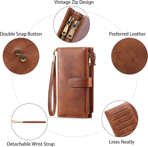Miniatura 4 de GOIACII Carteras para Mujer de Gran Capacidad Portador de Tarjetas de Crédito Cartera Rfid Mujer Doble Cremallera Bolsillo Cuero Bifold para Damas