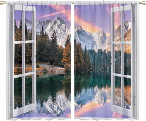 Miniatura 49 de Cortinas de paisaje, ventana tropical con vista al mar, océano, playa, barco, cortinas con estampado de palmeras para dormitorio, sala de estar, Mar