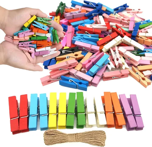 Mini Pinzas de Ropa de 1.35 Pulgadas para Fotos, 100 Piezas con 32 Pies de Cordel de Yute, Mini Pinzas de Ropa para Manualidades, Pequeñas Pinzas de