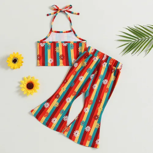 Miniatura 3 de TheFound Traje de verano para bebé niña pequeña, parte superior con cuello halter, pantalones acampanados, 2 piezas, ropa para recién nacidos