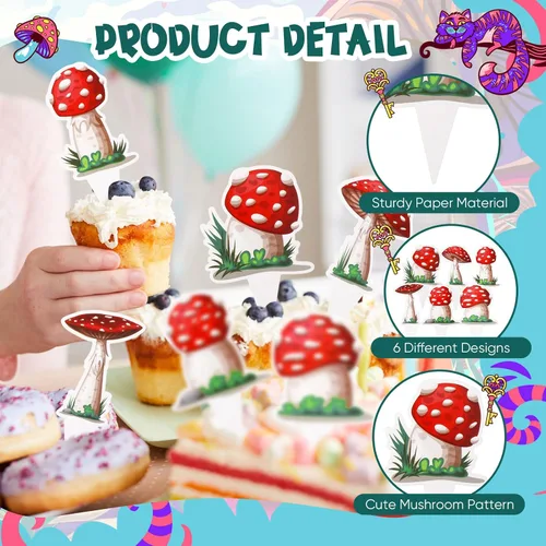 Miniatura 3 de Didaey 48 piezas de decoración de hongos para cupcakes para fiesta de cumpleaños de hongos, suministros de decoración de pastel de fiesta del país
