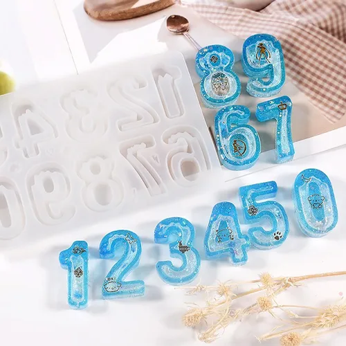 Miniatura 6 de iSuperb Molde de resina de números, molde de silicona, molde de epoxi para joyería, molde de fundición de bricolaje con 10 películas de sellado