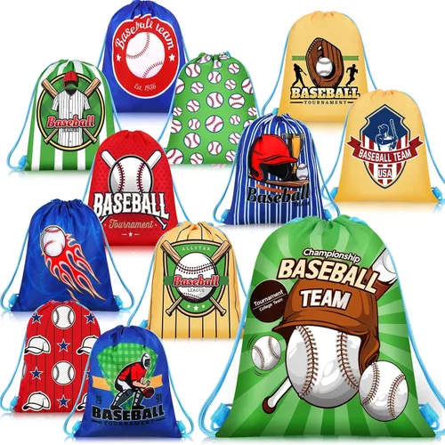 Kinlop - 12 bolsas de regalo con cordón para fiestas de béisbol, 12 estilos, mochila de béisbol, dulces, bolsas de gimnasio, bolsas con cordón para