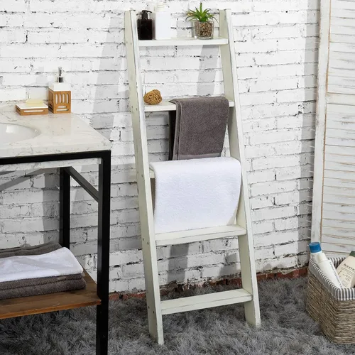 Miniatura 2 de MyGift Escalera grande de madera encalada para manta, estilo granja, toallero inclinado de pared con 5 peldaños (blanco vintage)