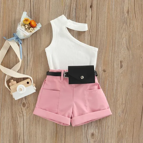Miniatura 148 de TheFound Trajes de verano para niñas pequeñas, sin mangas, de punto acanalado, halter, pantalones cortos, ropa para recién nacidos, conjunto de 3