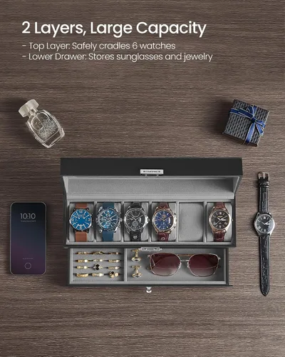 Miniatura 61 de SONGMICS UJWB012 - Caja de reloj de 12 ranuras, caja de reloj con cerradura con tapa de vidrio, 2 capas, con 1 cajón para anillos, pulseras, idea
