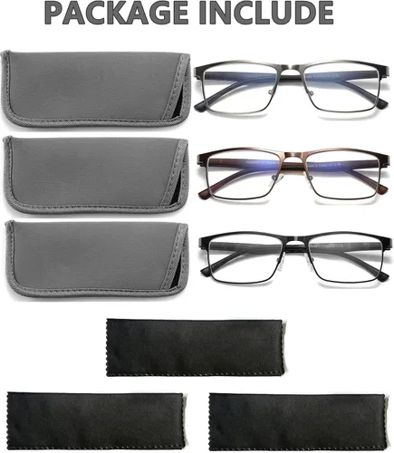 Miniatura 4 de Paquete de 3 lentes de lectura para hombre, filtro de luz azul, marco completo, lectores de metal, antiUV, fatiga ocular/deslumbramiento