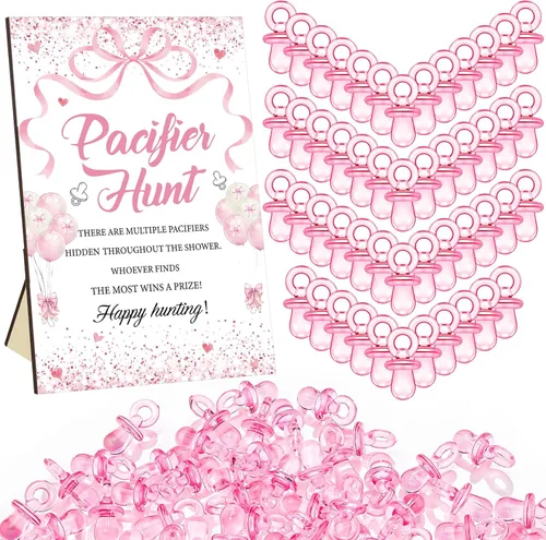 Miniatura 43 de Thyle Juego de 51 piezas de chupete de caza para baby shower, incluye signo de caza y 50 chupetes acrílicos para decoración de juegos de baby Rosa