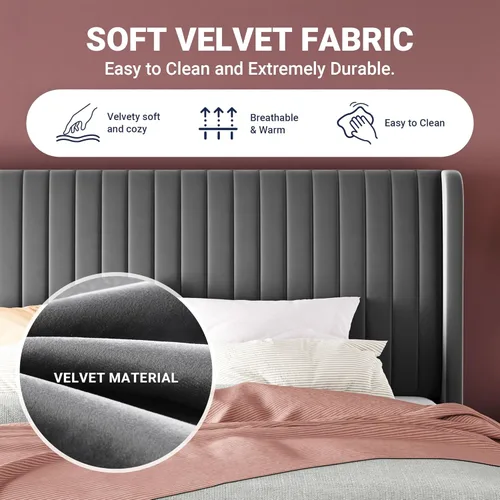 Miniatura 6 de Allewie - Base de cama tamaño King con cabecera tapizada en terciopelo y diseño acanalado vertical; base de cama tapizada en plataforma; no necesita
