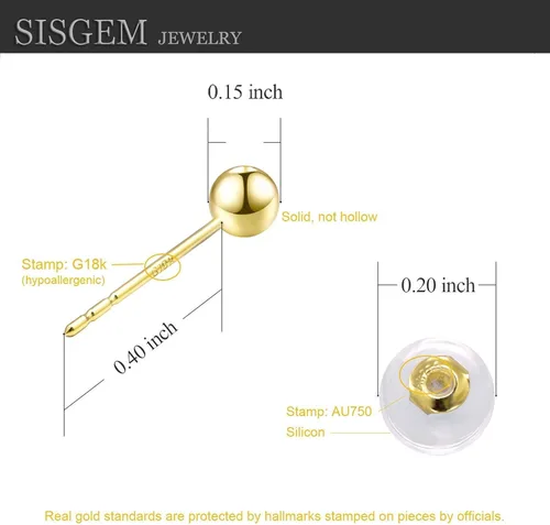 Miniatura 4 de Pendientes de bola de oro de 18 quilates, 3 pares (0.118in, 0.157in, 0.197in)