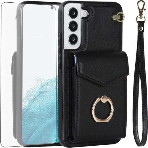 Asuwish Funda de teléfono para Samsung Galaxy S22 5G Funda tipo cartera con protector de pantalla de vidrio templado y soporte de anillo de bloqueo