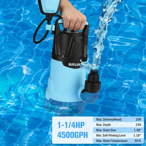 Miniatura 3 de KITLUCK Bomba de agua sumergible, bomba de sumidero de alto flujo de 1-1/4 HP 4500 GPH con interruptor de flotador, cable de alimentación de 23