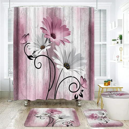 Miniatura 15 de Onalasyc Juego de 4 Piezas de Cortinas de Ducha con Flores de Margaritas Azules y Plantas, Cortina de Ducha y Alfombra y Accesorios, Juego