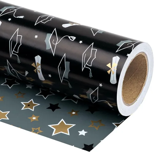 WRAPAHOLIC Papel de regalo reversible de graduación, mini rollo, 17 pulgadas x 33 pies, tapa de zanjadora dorada negra y estrellas para fiestas,