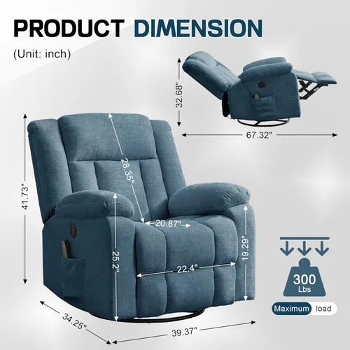 Miniatura 2 de Korser Mecedora reclinable, sillas reclinables deslizantes para adultos, silla mecedora giratoria de 360° con masaje y calefacción, silla