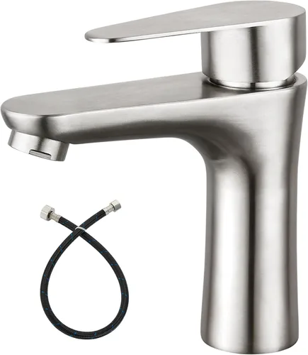 Heyalan Grifo de baño de una sola manija 1 agujero SUS304 acero inoxidable montaje en cubierta lavabo solo interruptor lavabo grifo sin desagüe
