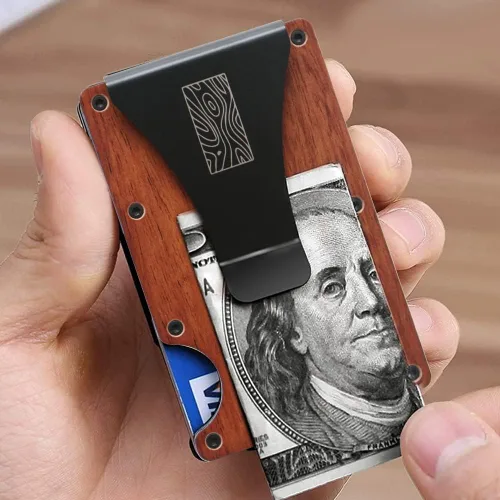 Miniatura 6 de Billetera delgada de madera recicladatarjetero con clip para dinero, bloqueo RFID, Madera de cerezo, Madera