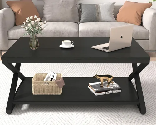 Miniatura 4 de HSH Mesa de sala de estar de madera de metal minimalista moderna negra con estante de almacenamiento, mesa central rectangular de 39 pulgadas y 2