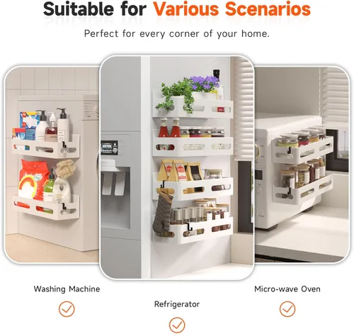 Miniatura 6 de Sevenblue Paquete de 4 estantes magnéticos para especias para refrigerador, organizador de estantes para especias, estante magnético móvil Blanco