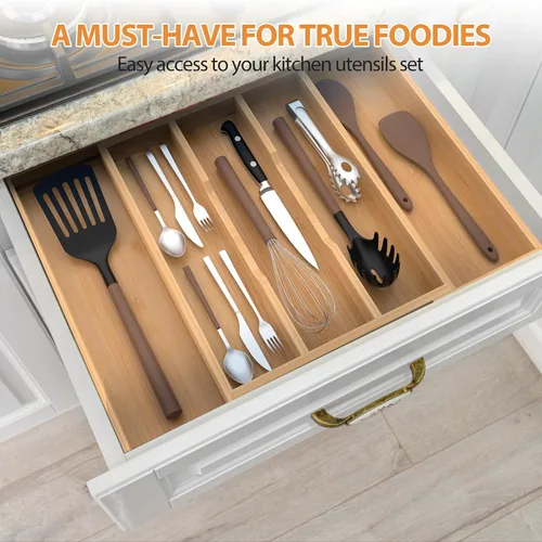 Miniatura 4 de Organizador de cajones de cocina expandible de bambú, 13 a 23 pulgadas, bandeja ajustable para utensilios y cubiertos, organizador de cajones