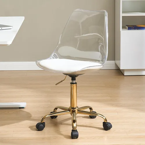 Miniatura 8 de Lessmore Silla de escritorio de acrílico transparente con cojín de piel sintética, silla ajustable de oficina en casa con ruedas, silla de tocador