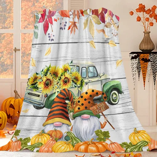 Miniatura 10 de JOOCAR Manta de franela de otoño con diseño de hojas de arce de dibujos animados, gnomo de otoño, naranja, acogedora manta de felpa suave para cama