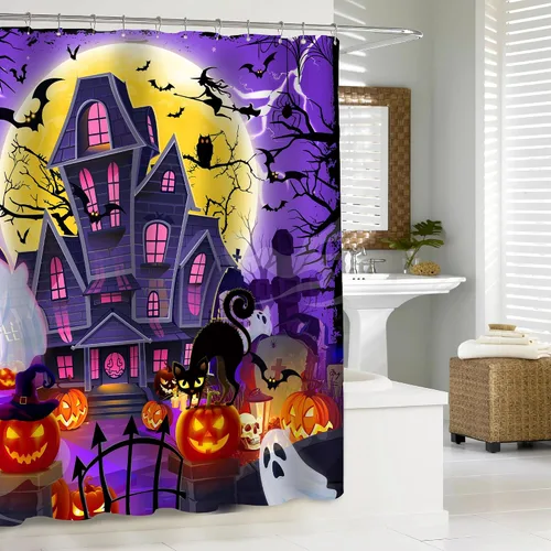 Miniatura 8 de Cortina de ducha de Halloween, cortina de baño impermeable de castillo, 71 x 71 pulgadas, decoración de baño de calabazas espeluznantes y fantasmas