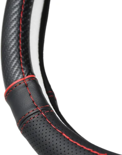 Miniatura 5 de Funda para volante de fibra de carbono + cuero con franjas deportivas en la parte superior, antideslizante y absorbente de sudor, ajuste universal